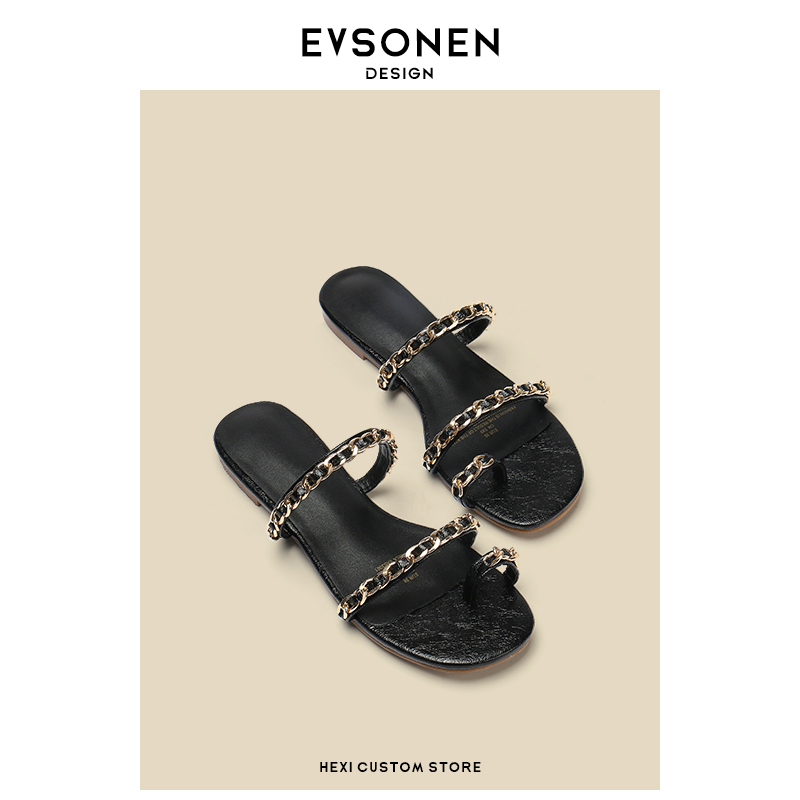 【Evsonen】2024 Summer Niche Design Korean Style Internet Celebrity Metal Chain Flat Roman Sandals