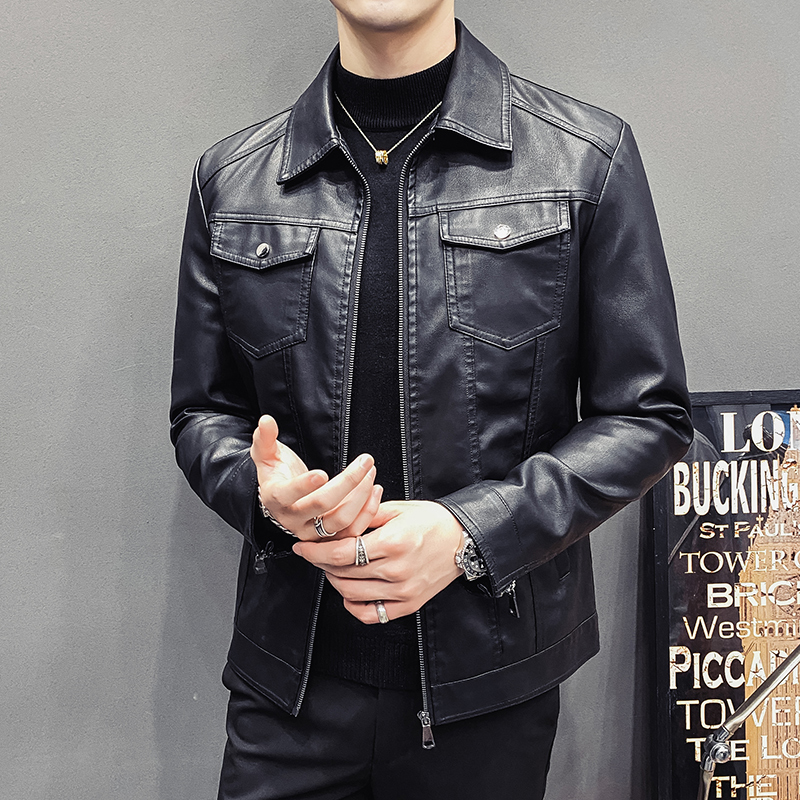 Leather leather men's autumn and winter velvet motorcycle clothes men's coat trend Korean version handsome slim black jacket male py