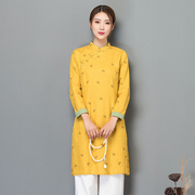 Trà váy của phụ nữ eo kẹt zen chiếc váy sườn xám kiểu cổ tích Phật quần áo Zen-phong cách nghệ thuật Trung Quốc nghệ sĩ trà gió quần áo gu hiền
