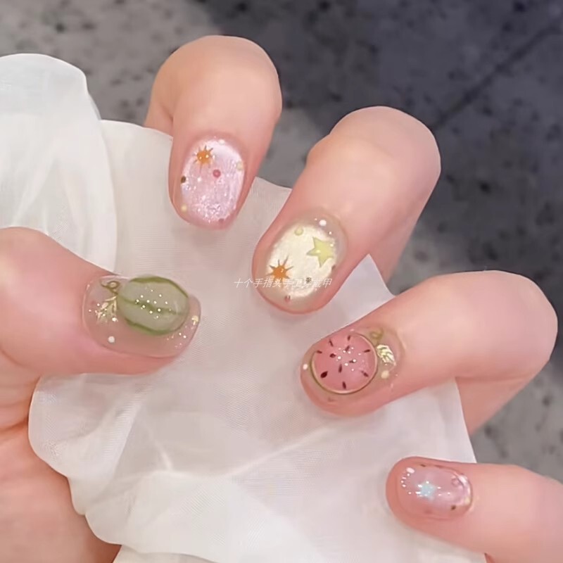 【Vine Watermelon】Summer Hand-Painted Watermelon Fruit Cat-Eye Press-On Nails, Summer Pink Color That Makes Skin Look Fairer, Short Handmade Nail Art 【Vine Watermelon】Summer Hand-Painted Watermelon Fruit Cat-Eye Press-On Nails, Summer Pink Color That Makes Skin Look Fairer, Short Handmade Nail Art