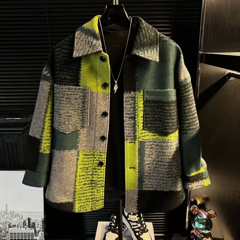 Men's Autumn and Winter Plaid Patchwork Design Loose Casual Jacket Trendy Versatile Lapel High-End Stylish Jacket Men's Clothing Men's Autumn and Winter Plaid Patchwork Design Loose Casual Jacket Trendy Versatile Lapel High-End Stylish Jacket Men's Clothing