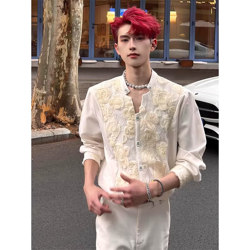 Palace-Style White Lace Three-Dimensional Rose Long-Sleeve Shirt for Men, 2026 Spring Season, Heavy Embroidery, High-End Feel