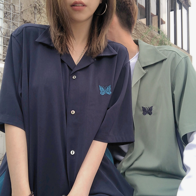 Needles Butterfly Short-Sleeve Shirt with Patchwork Embroidery and Buttons, Japanese Casual Style, Unisex Couple Shirt, Harajuku