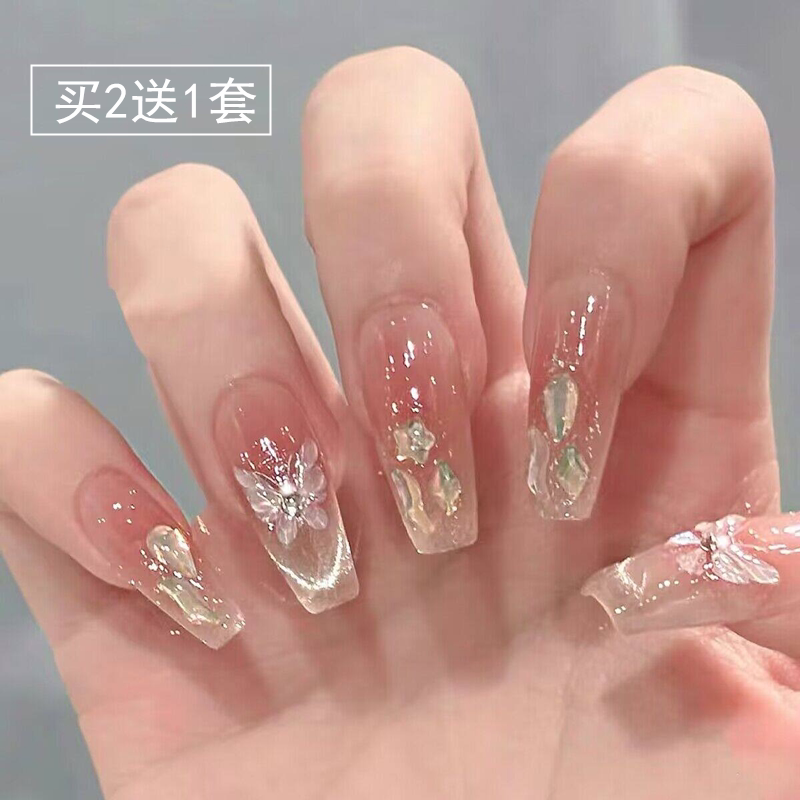 2026 New Style Bowknot Wearable Nails, Cat-Eye Fake Nail Patches, Medium-Length Nail Art Nails, Suitable for Students and Pregnant Women