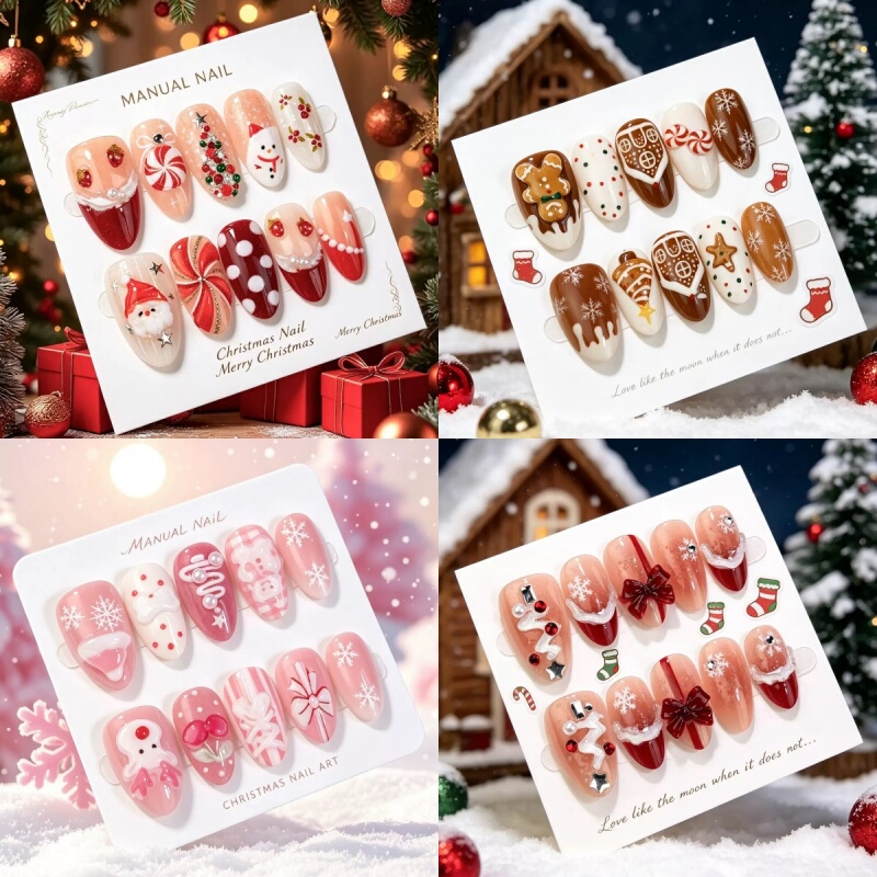 Christmas Wearable Nails, Handmade Nail Stickers, Cartoon Short Fake Nail Stickers for Students, New Year Red Nail Art