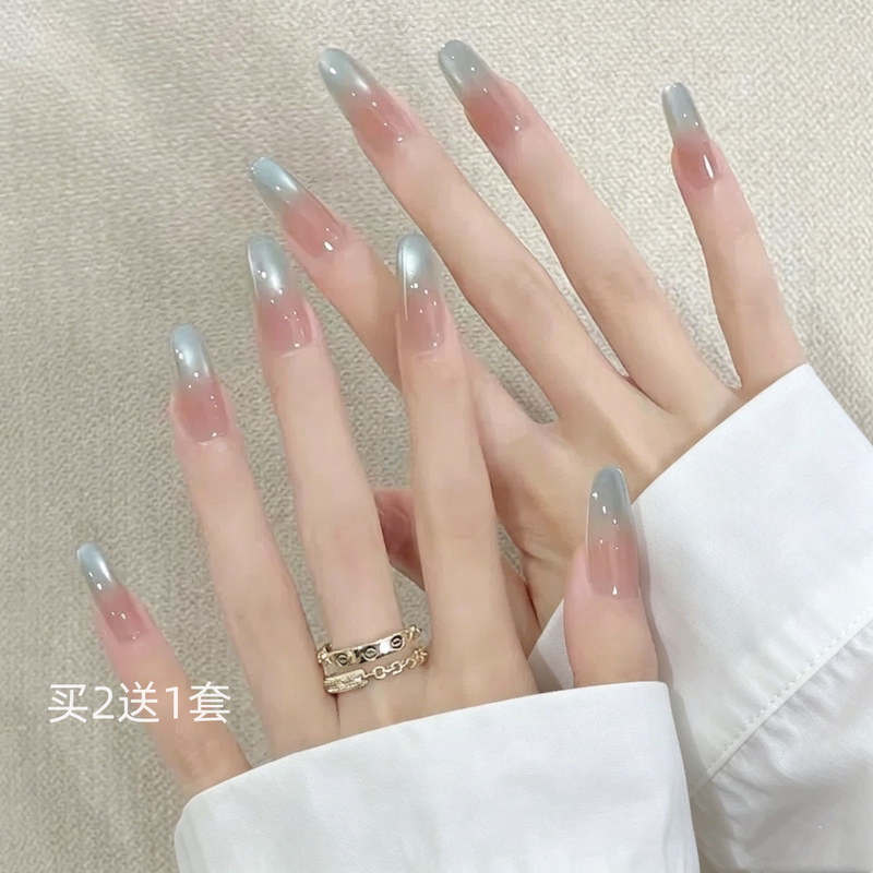 Ice-Clear Blue Cat-Eye Fake Nail Patches 2026 New Style Pure Desire Style Wearable Long Nails Suitable for Students and Pregnant Women