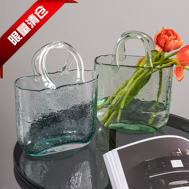 clearance! Hydroponic handbag bag bag vase living room flower arrangement water nourishment flower glass transparent net red light luxury ornaments