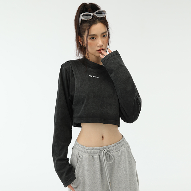 Von Yusuf American Retro Jazz Dance Short Top, Hot Girl Style, Design with Exposed Navel, Distressed Long-Sleeve T-Shirt for Women