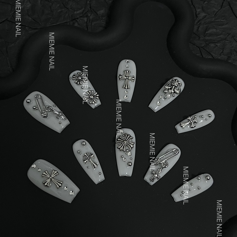 【Mie Mie】Purely Handmade Niche Translucent White Metal Cross Medium-Length Gothic Style Wearable Nail Art