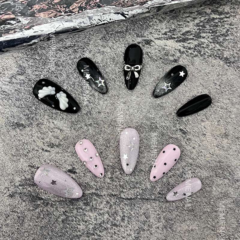 【Mie Mie】Purely Handmade Niche Black + Pink Mandarin Duck Star Wings Almond Summer Wear Nails 【Mie Mie】Purely Handmade Niche Black + Pink Mandarin Duck Star Wings Almond Summer Wear Nails