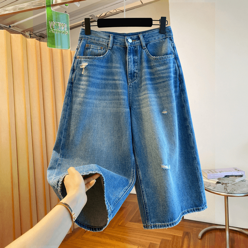 High-End European-Style Ripped Cropped Jeans for Women, Summer Thin High-Waisted Loose Slimming Straight-Leg Hip-Covering Wide-Leg Mid-Length Pants