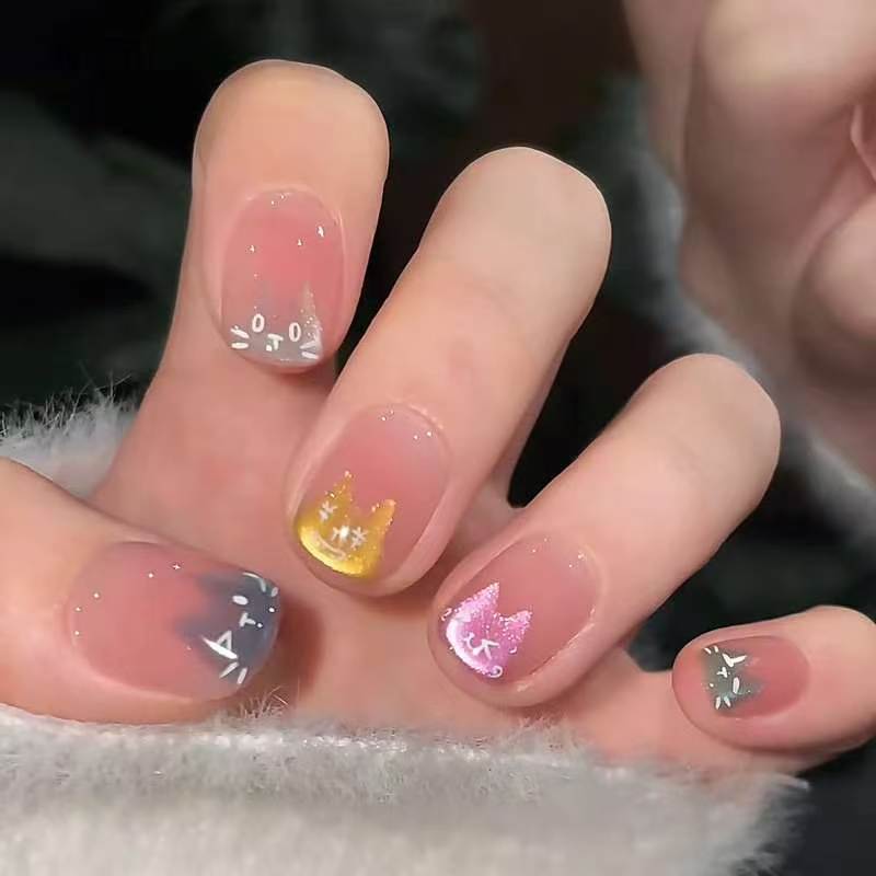【Thanos Cat】Hand-Painted Cute Kitten Macaron Cat Eye Pure Handmade Wearable Nails High-End Clear Brightening Nail Stickers