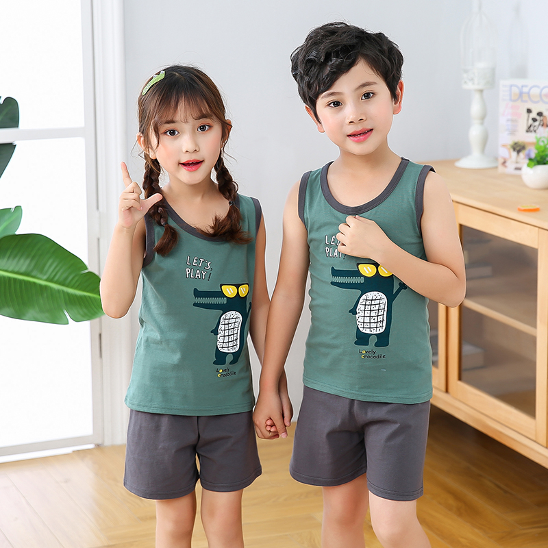 Childrens vest bộ mùa hè cotton in hoạt hình mỏng nam và nữ lao động trẻ em nhân vật không tay quần short áo hai mảnh bộ.