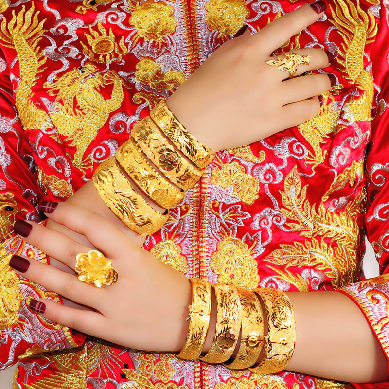 New Gold-Plated Bracelet Imitation Gold Bangle Wedding Dragon and Phoenix Bracelet Bride Wedding Gold Jewelry Wedding Three Gold Jewelry