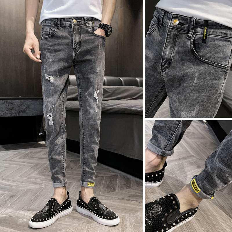 Tide jeans men's Korean version of trend mens small feet and holes in autumn nine men's pants