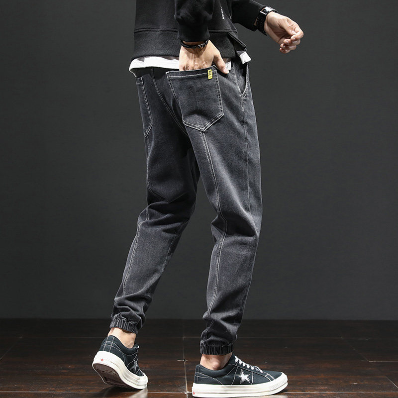 Harlan nine-point pants men's jeans tide brand large size loose feet Japanese retro autumn elastic waist all-match fat man