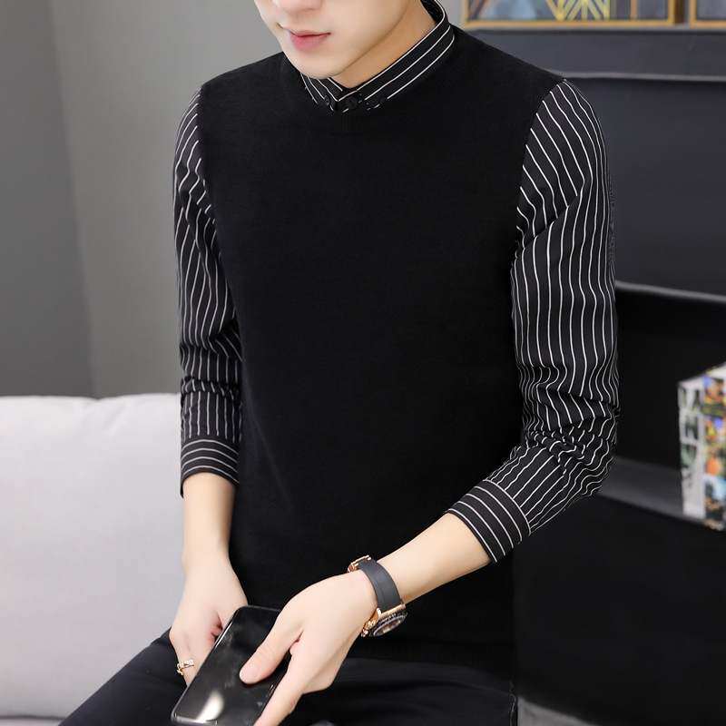 The underdressed man has a spring autumn collar long sleeve shirt male and fake two knit T-shirt youth knitwear.