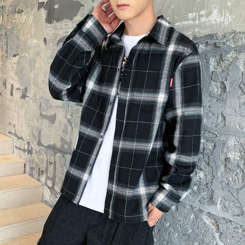 Plaid shirt men's uppie handsome casual 100 hitch long sleeve shirt Korean version handsome jacket spring and autumn season men's blouses