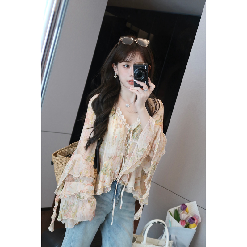 Yoululu Mulberry Silk French-Style Chic Design Unique Chiffon Blouse Women's Flared Sleeve Top Fashionable Shirt