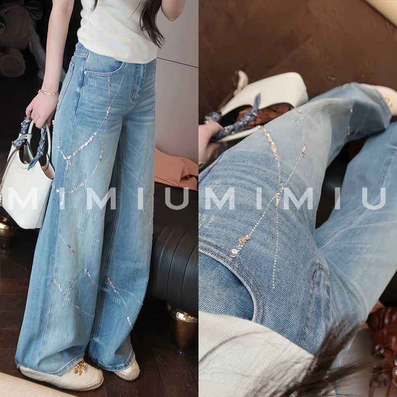 Loose-Fitting Wide-Leg Thin Denim Pants for Women with Rhinestone Embellishments and Vintage Wash, Suitable for Summer