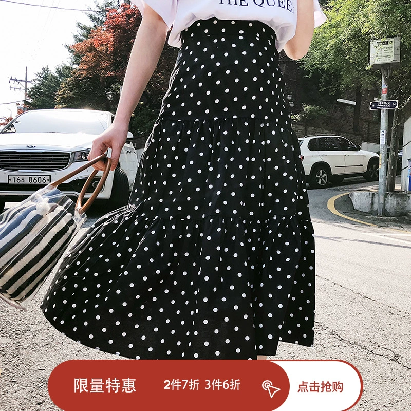 mimius Lulu mới sang trọng chấm bi retro cổ điển vui tươi váy dài dòng chữ A váy thời trang nữ hai màu M8344 - Váy