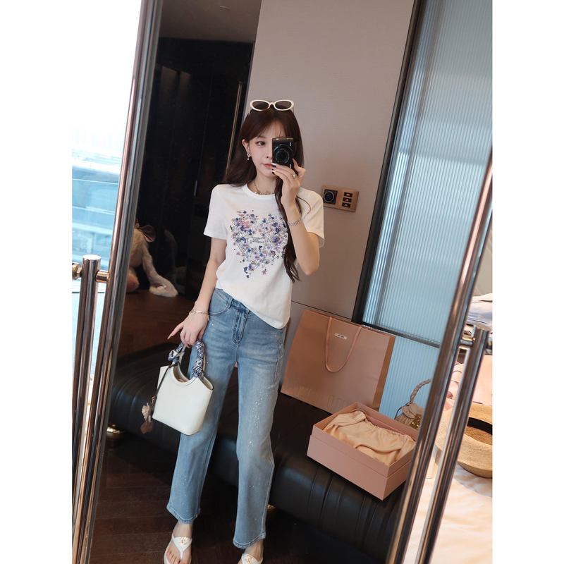 Yolu Lu Shining Galaxy Crushed Diamond Four-Way Stretch Slim Fit Denim Cigarette Pants for Women, Summer Mid-Waist Skinny Long Pants