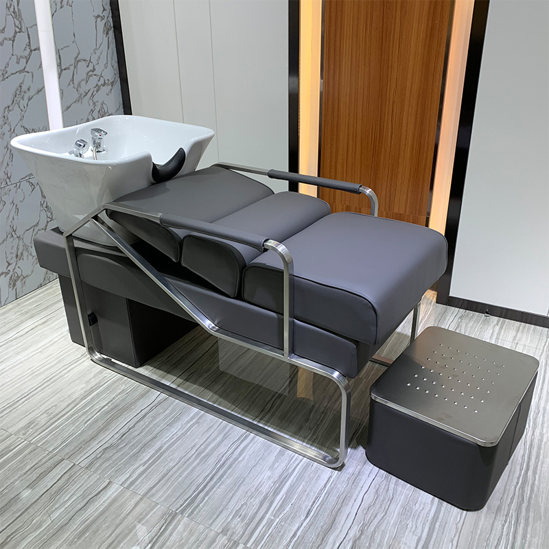 New simple hair salon shampoo bed barber shop dedicated stainless steel semi-lying ceramic basin flushing bed flat-lying hairdressing bed