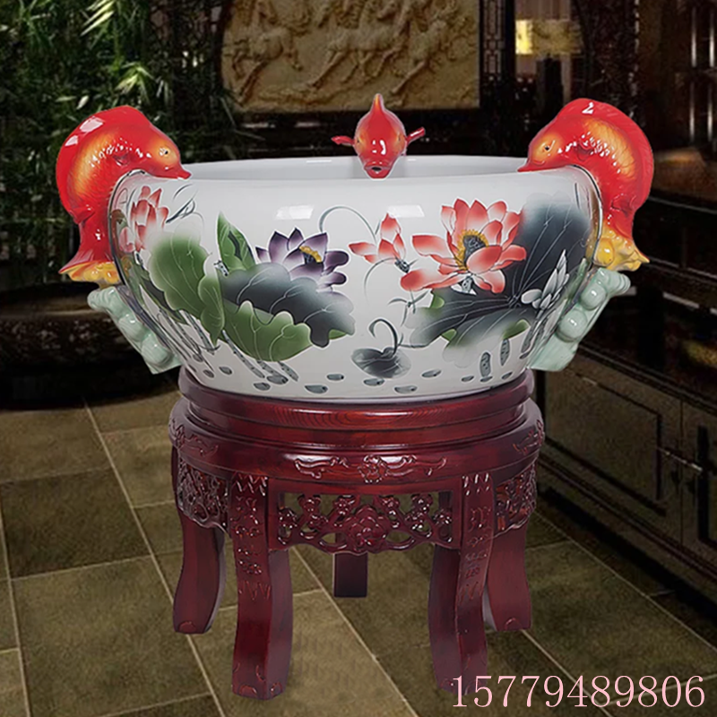 Porcelain tank landscaping solid wood floor Jingdezhen ceramic automatic circulating water filter goldfish tank Fengshui lucky fish basin