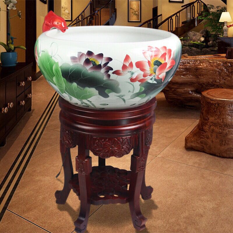 Jingdezhen ceramic automatic circulation filter water spray multicolored lotus goldfish tank living room feng shui decoration