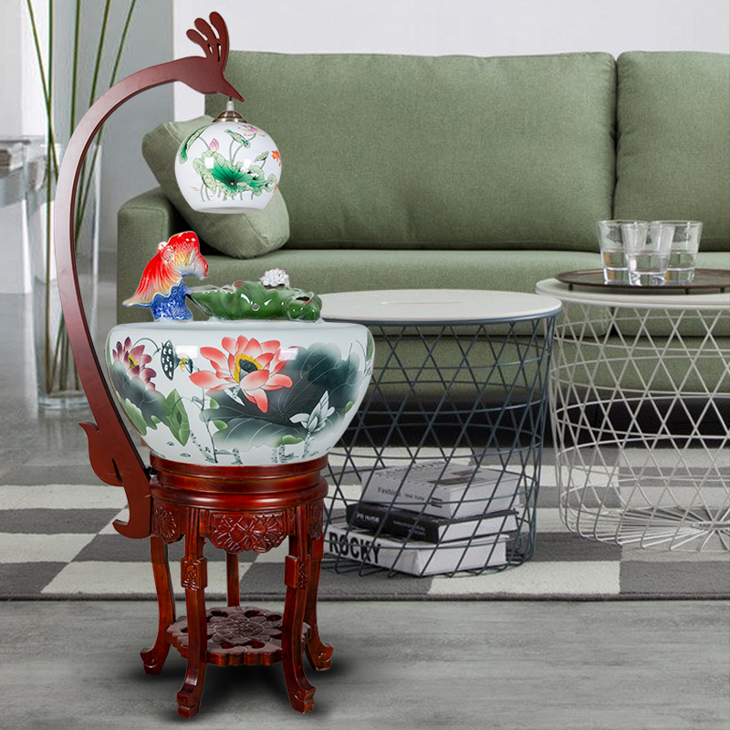 Chinese-style new study living room decoration lotus tank ceramic automatic circulation filter multicolored large floor-to-ceiling water tank