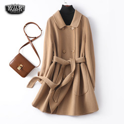 Cashmere coat ແມ່ຍິງກາງ-ຍາວ lace-up waist camel ສອງດ້ານ woolen ພາກຮຽນ spring ແລະດູໃບໄມ້ລົ່ນໃຫມ່ເສື້ອຂົນແກະສະໄຕເກົາຫຼີສໍາລັບຄົນຂະຫນາດນ້ອຍ