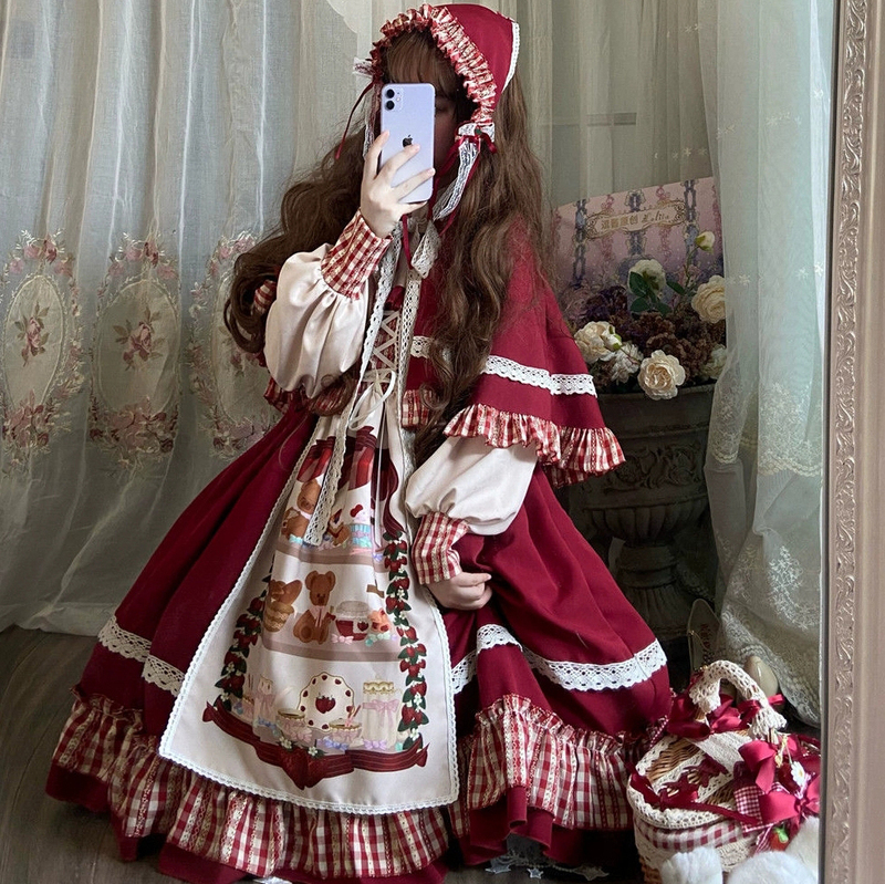 In-Stock Autumn Lolita Princess Dress Little Red Riding Hood Cos Costume Red Student Halloween Outfit Set