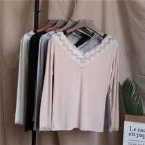 2019 autumn new Modal lace V-neck autumn coat Womens thin section base thin long sleeve T-shirt inner tie base shirt