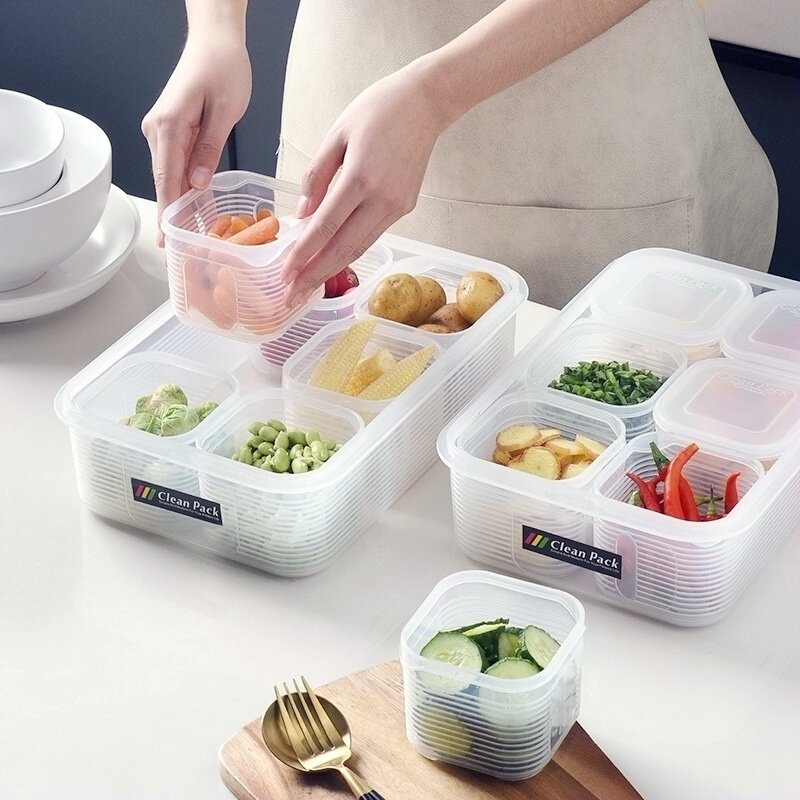 Japanese-style kitchen refrigerator large food compartment sealed preservation box plastic partition type food storage storage box