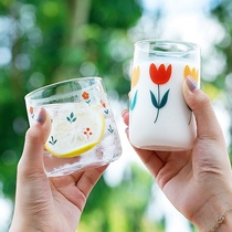 Japanese home ins fresh cute breakfast juice milk cup strawberry glass heat-resistant round print water Cup