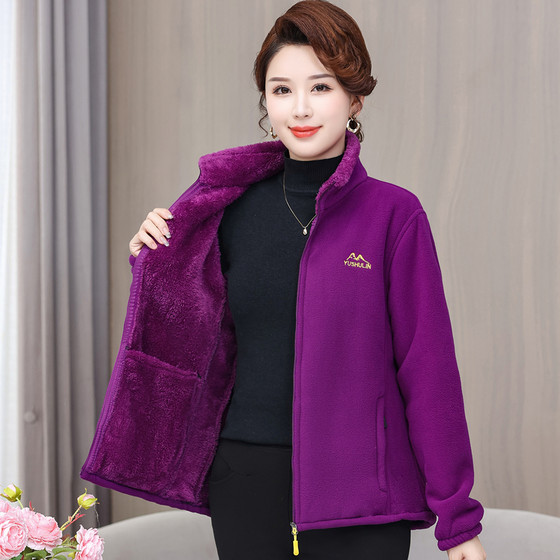 Middle -aged and elderly women's clothing autumn and winter plus velvet thick coral velvet jacket outer jacket sweater sweater large -size fleece jacket mothers