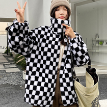 sandro mike checkerboard lattice goat cut velvet coat with long style loose thickened plush fur jacket in the middle of autumn