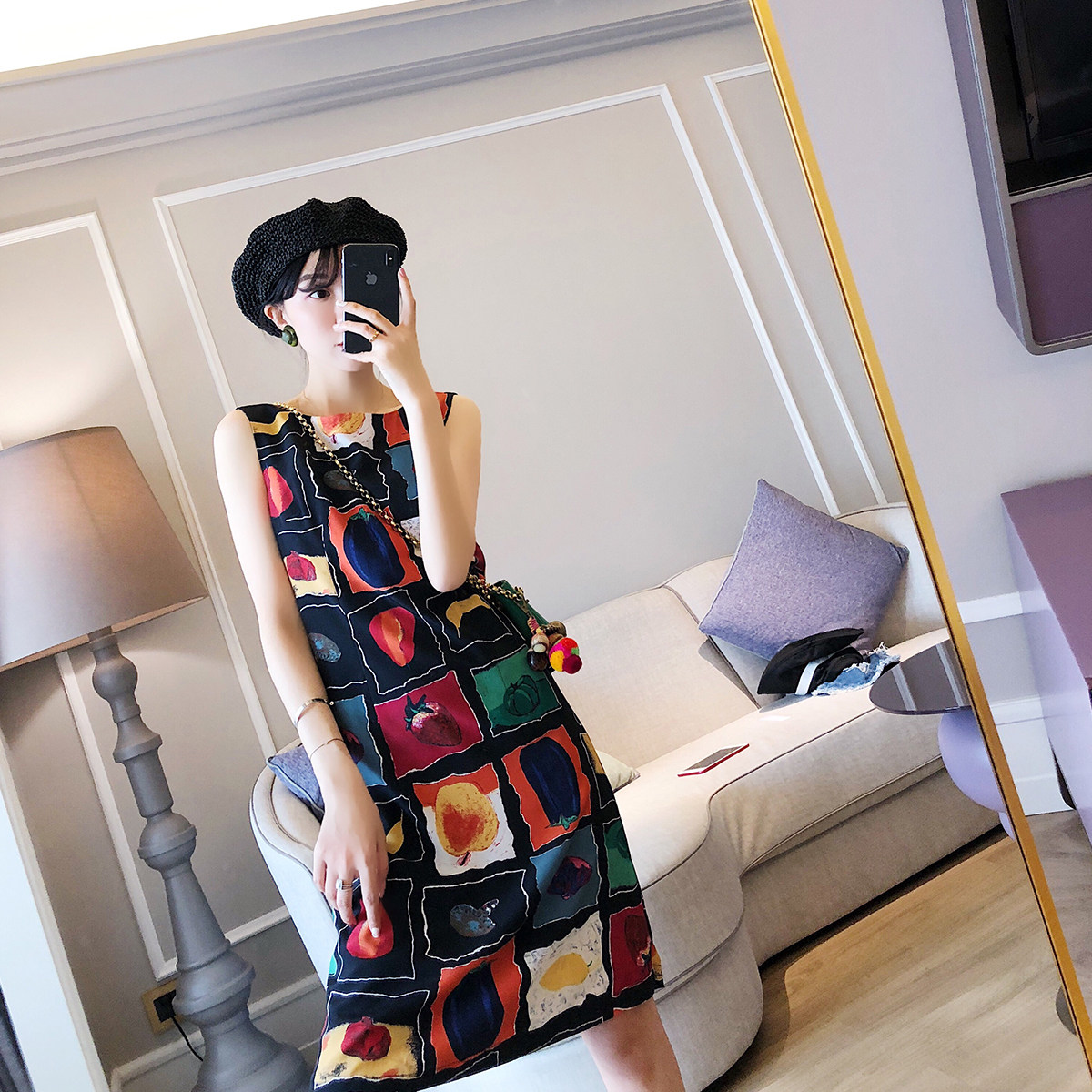 Sold out collection plus purchase and other running single Retro fun contrast pattern behind the cross careful machine sleeveless dress