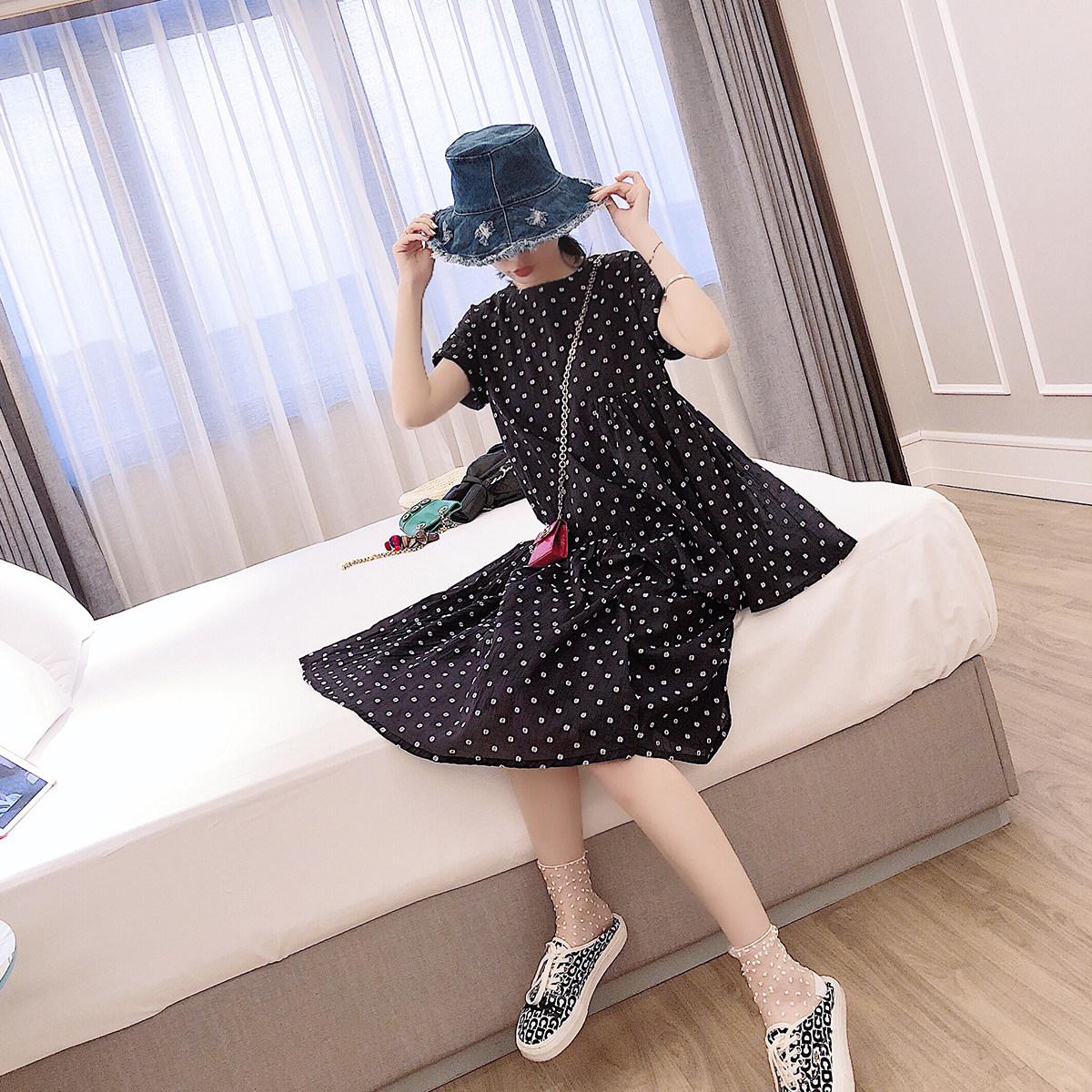 Sold out collection plus purchase and other running single summer new three-dimensional flocking cut flower wave dot irregular design dress