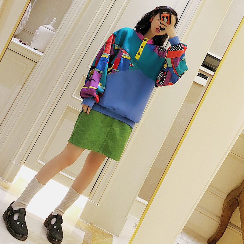 Viimas ■ SPOT WINTER NEW MEDIUM LONG VERSION RETRO POPP COLLISION COLOR COLLAR BAT LONG SLEEVE THICK COTTON T