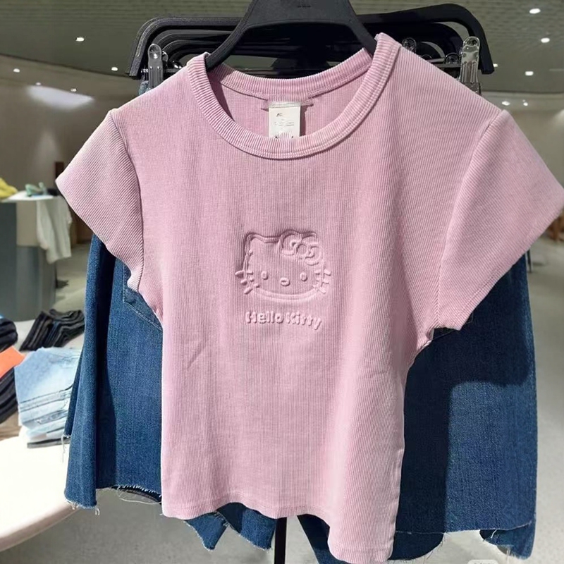 Za Foreign Trade Export Women's Casual Sanrio Kitty Cat Print Washed Ribbed Cotton T-Shirt 0347359