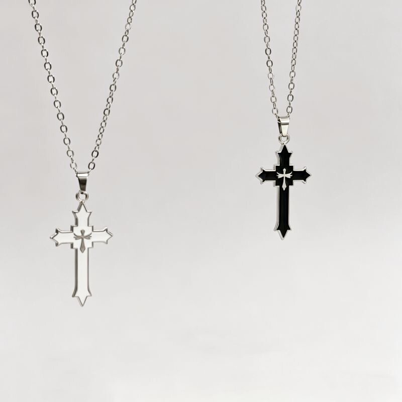 Black and white cross necklace, couple style, niche design, jewelry for men and women, vintage, unique, simple, and retro.