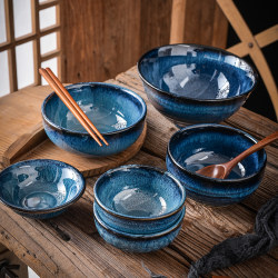 Japanese Tableware Large Noodle Bowl High Temperature Resistant Retro Inch Bowl Kiln Turned Ceramic Household Bamboo Hat Bowl Anti-Scalding Rice Bowl Soup Bowl