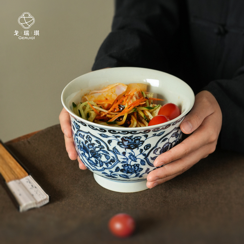 Hand-Painted Imitation Ming-Style Blue and White Large-Capacity Rice Bowl, Chinese Retro Underglaze Floral and Dragon Pattern Household Noodle Bowl and Soup Bowl