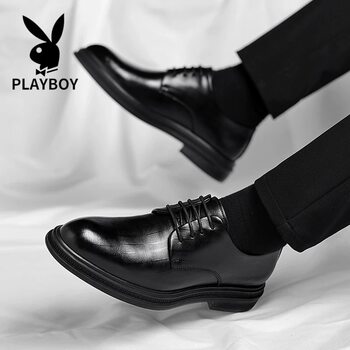 Playboy Men's Shoes for Autumn and Winter, British Style Business Lace-Up Formal Leather Shoes, Genuine Leather Height-Increasing Wedding Groom Shoes