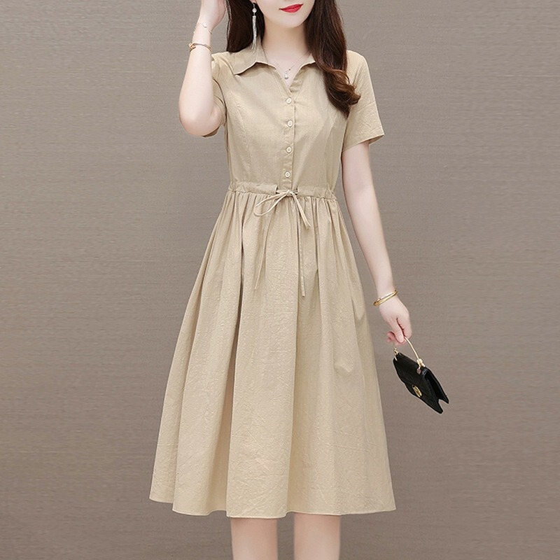 Casual Short-Sleeved Dress for Women, New Summer Style, Loose, Large Size, Slimming, Fashionable Lapel, Mid-Length Dress for Petite Mothers