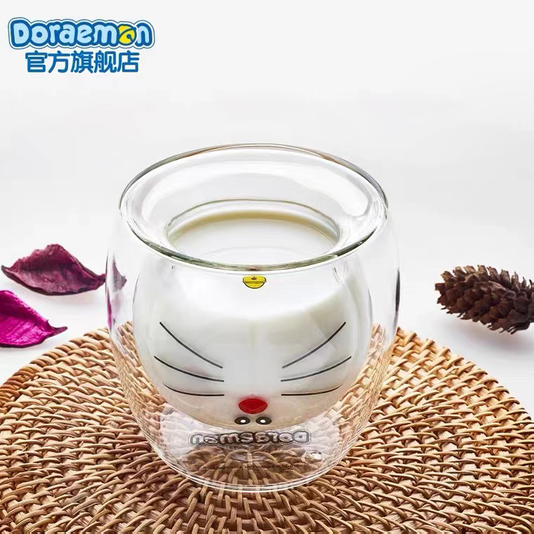 Aiying authorized Doraemon glass transparent cartoon animation cute double-layer large-capacity couple anti-scalding water cup