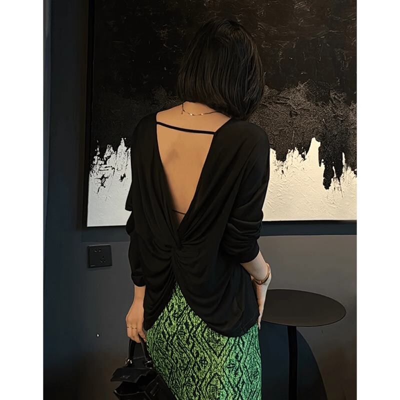 Long-Sleeved T-Shirt for Women, Early Autumn New Style, Lazy Style, Sexy Backless Twist Knot Base Shirt, Cool and Unique Top
