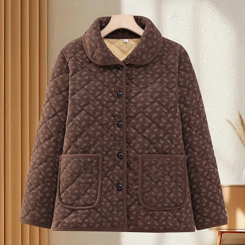 New Winter Style Corduroy Lapel Single-Breasted Short Padded Thickened Warm Cotton Jacket for Middle-Aged and Elderly Women