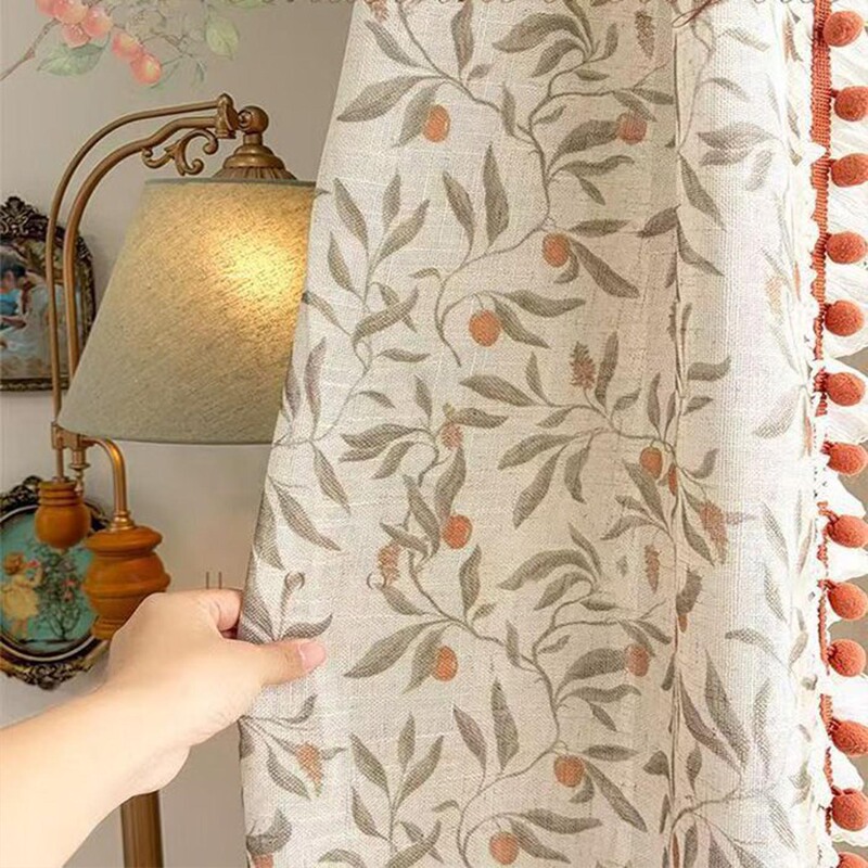 Popular Digital Print Cherry Linen Sheer Curtain, Light-Transmitting but Not See-Through, American and French Style, Romantic Balcony Girls' Room Curtain